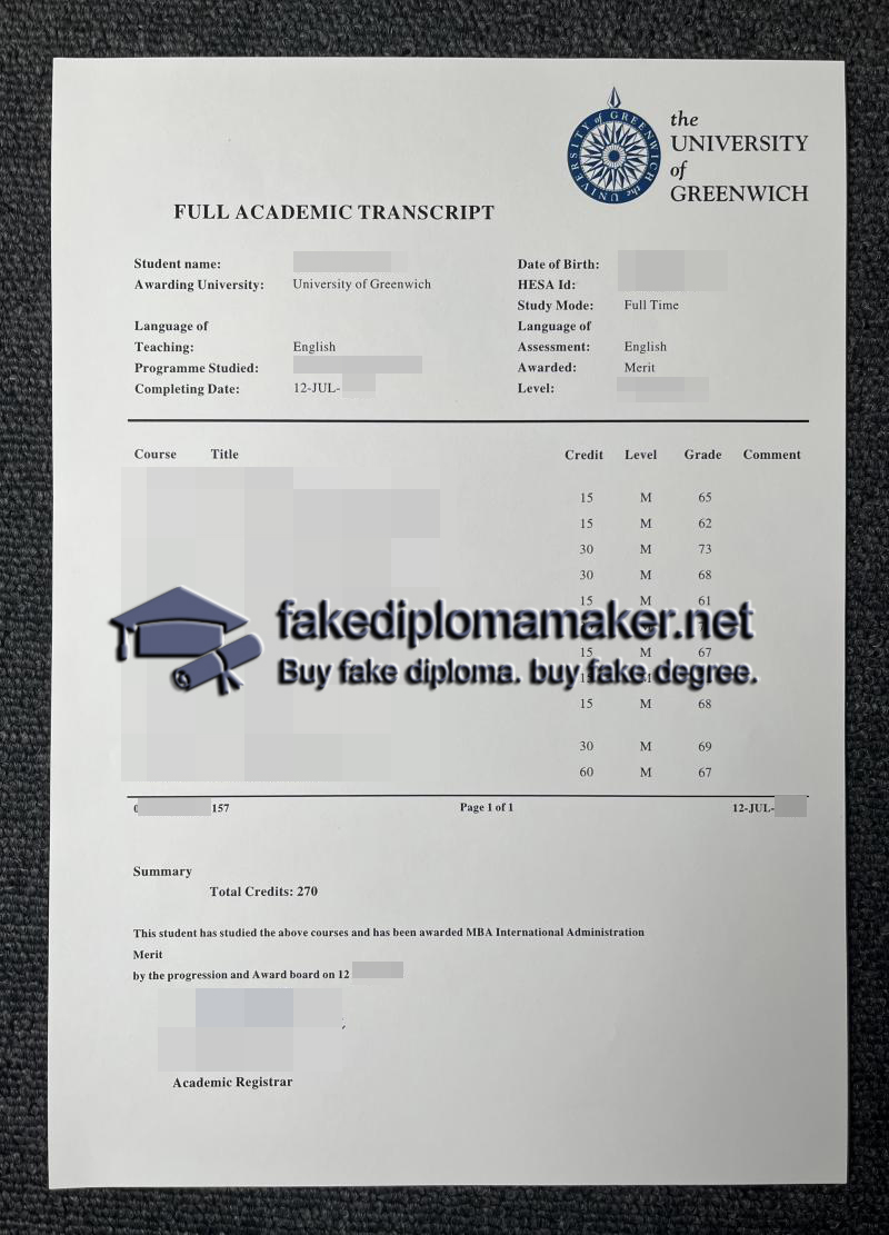 University of Greenwich transcript