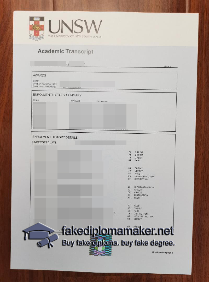 UNSW academic transcript