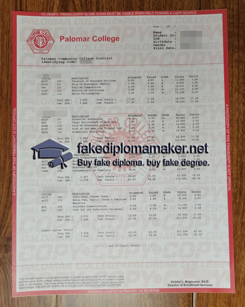 Palomar College transcript