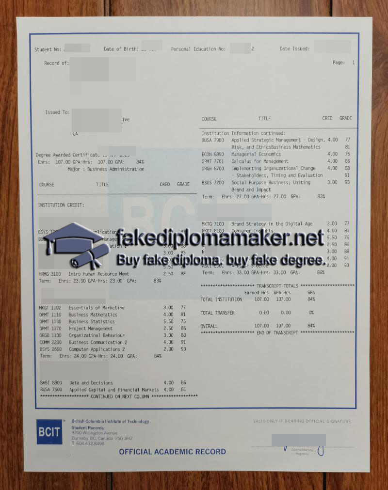 BCIT transcript